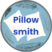 Pillowsmith's logo: Two white pillows on a blue background that has feathers on it. The word Pillowsmith is printed over the pillows in blue.