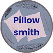 Pillowsmith's logo: Two white pillows on a blue background that has feathers on it. The word Pillowsmith is printed over the pillows in blue.